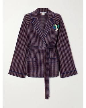 BERNADETTE Kallas Checked Belted Floral-Appliquéd Cashmere Cardigan - Purple