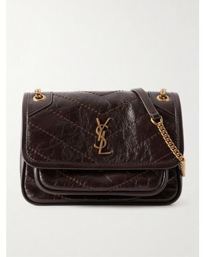 Saint Laurent Niki Mini Cassandre-Embellished Crinkled-Leather Shoulder Bag - Black