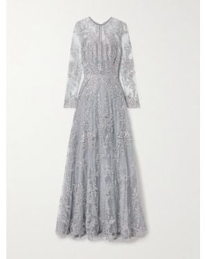 Naeem Khan Embroidered Sequin-Embellished Tulle Gown - Gray