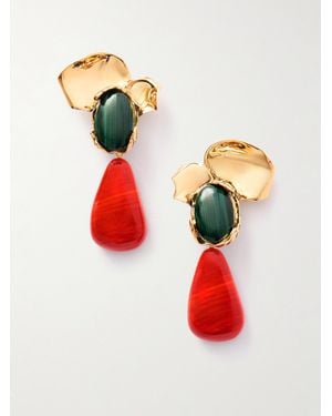 Saint Laurent Boucles D'Oreilles Clip En Métal, Malachite Et Résine Petal - Rouge