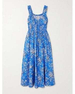 Doen Emmaretta Shirred Floral-Print Organic Cotton-Voile Midi Dress - Blue