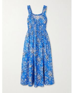 Doen Emmaretta Shirred Floral-Print Organic Cotton-Voile Midi Dress - Blue