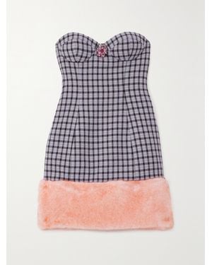 Area Trägerloses Minikleid Aus Einer Wollmischung Mit Hahnentrittmuster, Faux-Fur-Besatz Und Verzierung - Lila