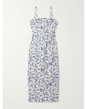 Posse Rue Pleated Printed Linen And Silk-Blend Midi Dress - White