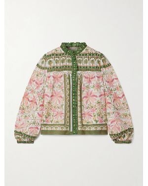 FARM Rio Crochet-Trimmed Pintucked Printed Cotton-Voile Blouse - Pink