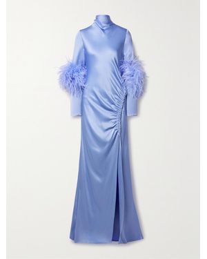 LAPOINTE Feather-Trimmed Ruched Satin Gown - Blau