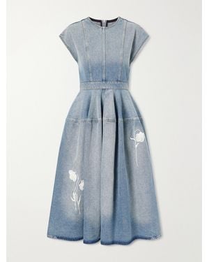 Erdem Floral-Appliquéd Denim Midi Dress - Blue