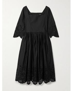 Thierry Colson Amalia Pleated Broderie Anglaise Cotton-Poplin Midi Dress - Black