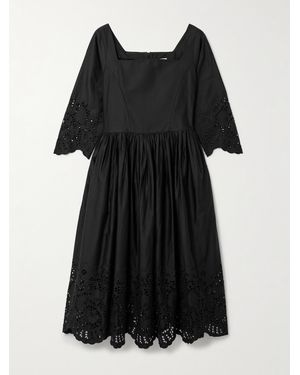 Thierry Colson Amalia Pleated Broderie Anglaise Cotton-Poplin Midi Dress - Black