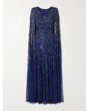 Jenny Packham Sweet Silva Cape-Effect Embellished Tulle Gown - Blue