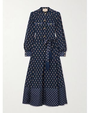 Valentino Garavani Fringed Belted Printed Silk-Satin Midi Shirt Dress - Blue