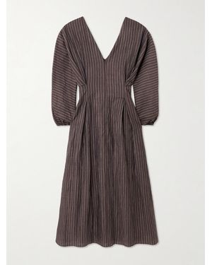 Abadia Amaya Striped Pleated Linen-Blend Midi Dress - Purple