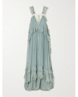 Chloé Ruffled Lace-Trimmed Silk-Crepon Gown - Blue