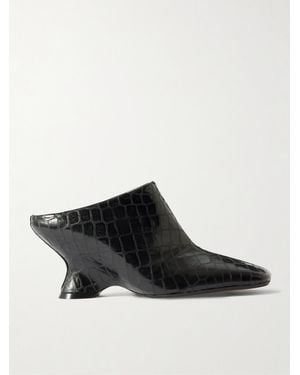 Dries Van Noten Croc-Effect Leather Wedge Mules - Black