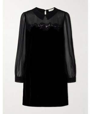 Doen Madelynne Minikleid Aus Samt Mit Einsätzen Aus Schnurgebundener Spitze Und Seidenchiffon - Schwarz