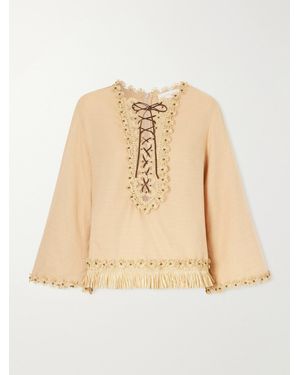 Zimmermann Mahon Leather And Raffia-Trimmed Cotton Blouse - Natural