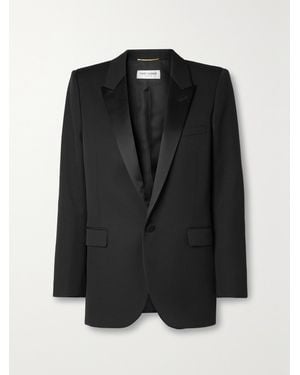 Saint Laurent Tube Satin-Trimmed Grain De Poudre Wool Blazer - Black