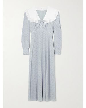 Alessandra Rich Bow-Embellished Ruffled Polka-Dot Silk Crepe De Chine Midi Dress - Blue