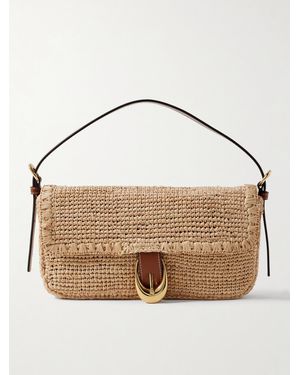 STAUD Harlow Buckled Leather-Trimmed Raffia Shoulder Bag - Metallic