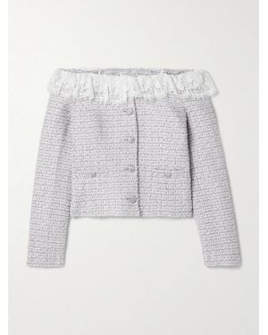 Alessandra Rich Off-The-Shoulder Lace-Trimmed Sequin-Embellished Metallic Tweed Jacket - White