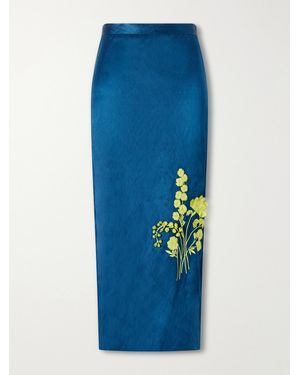 Erdem Floral-Embroidered Metallic Satin Midi Skirt - Blue
