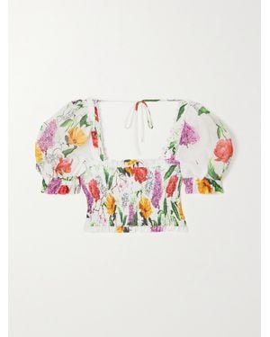 Charo Ruiz Lirio Cropped Shirred Floral-Print Cotton-Blend Poplin Top - White