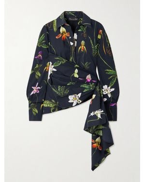 Oscar de la Renta Asymmetric Floral-Print Cotton-Blend Poplin Shirt - Blue