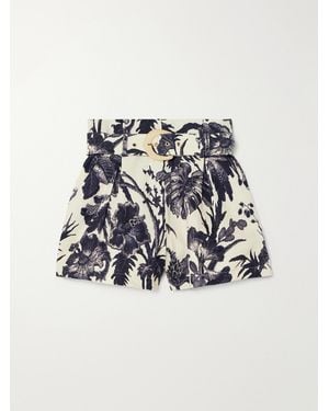 Cara Cara Palmer Belted Pleated Floral-Print Linen Shorts - Blue
