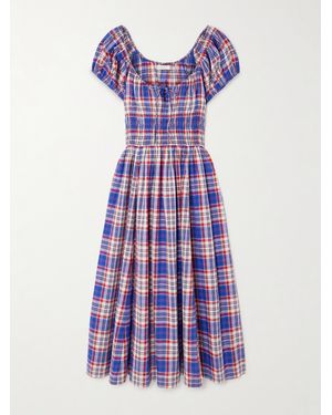 Doen Quinn Checked Tie-Detailed Shirred Cotton-Poplin Midi Dress - Purple