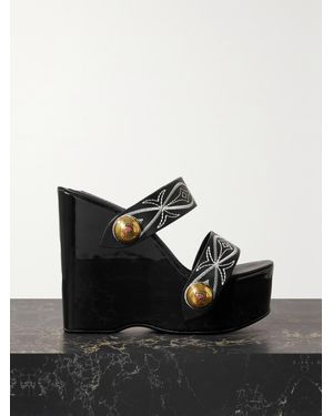 Emilio Pucci Embellished Embroidered Leather Wedge Sandals - Black
