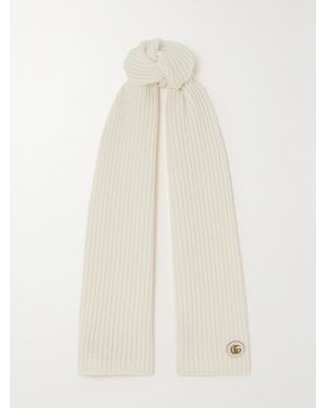 Gucci Embellished Leather-Trimmed Ribbed Wool And Cashmere-Blend Scarf - White