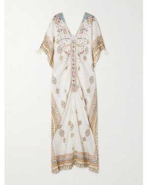 CAMILLA Tasseled Embroidered Printed Linen Kaftan - Natural