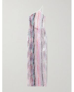 Missoni Asymmetrisches Maxikleid Aus Gestreiftem Häkelstrick Mit Pailletten - Pink