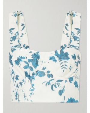 Erdem Crop Floral-Print Cotton And Linen-Blend Top - Blue