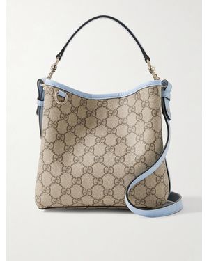 Gucci Gg Emblem Leather-Trimmed Printed Coated-Canvas Bucket Bag - Natural