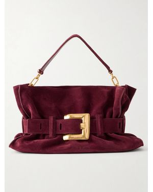 Balmain Anthem Buckled Suede Shoulder Bag - Red