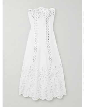 Oscar de la Renta Strapless Broderie Anglaise Midi Dress - White