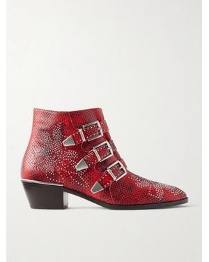 Chloé Susanna Embellished Snake-Effect Leather Ankle Boots - Red