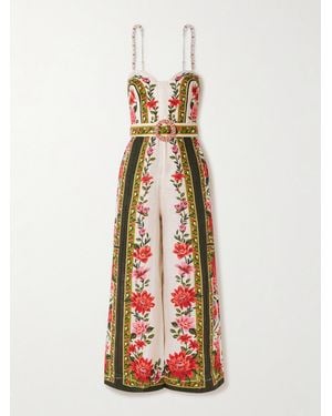 FARM Rio Wonder Rio Belted Embellished Printed Linen Jumpsuit - White