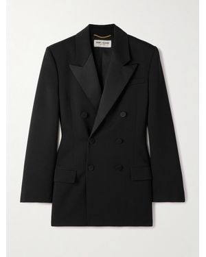 Saint Laurent Double-Breasted Twill-Trimmed Grain De Poudre Wool Blazer - Black
