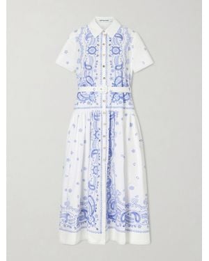 Self-Portrait Belted Embroidered Cotton-Poplin Midi Shirt Dress - Blue