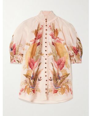 Zimmermann Ascension Embellished Shirred Floral-Print Ramie Blouse - Pink