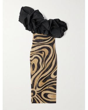 Emilio Pucci Marmo One-Shoulder Ruffled Cotton Poplin-Trimmed Printed Mesh Maxi Dress - Black