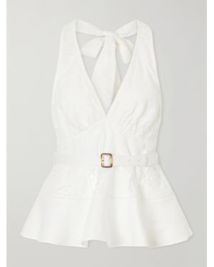 Self-Portrait Belted Embroidered Linen And Cotton-Blend Peplum Top - White