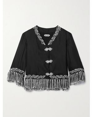 Bode Grenier Fringed Embroidered Silk-Twill Jacket - Black