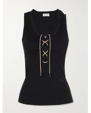 Burberry Lace-Up Embroidered Ribbed Stretch-Cotton Jersey Tank - Schwarz