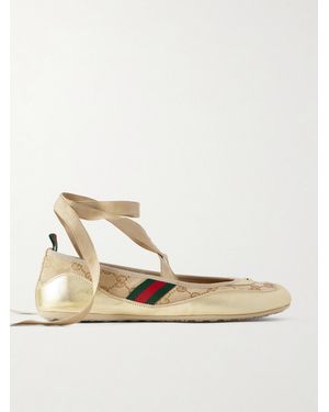 Gucci Shift Webbing-Trimmed Canvas-Jacquard And Metallic Leather Ballet Flats - Natural