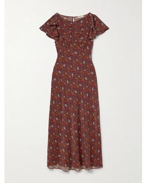 Doen Beatriz Midikleid Aus Crêpe De Chine Aus Seide Mit Blumenprint Und Volants - Rot