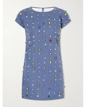 BERNADETTE Anne Appliquéd Cotton And Linen-Blend Mini Dress - Blue