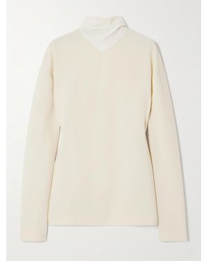 Carven Fringed Scarf-Detailed Silk-Trimmed Wool-Blend Blouse - Natural